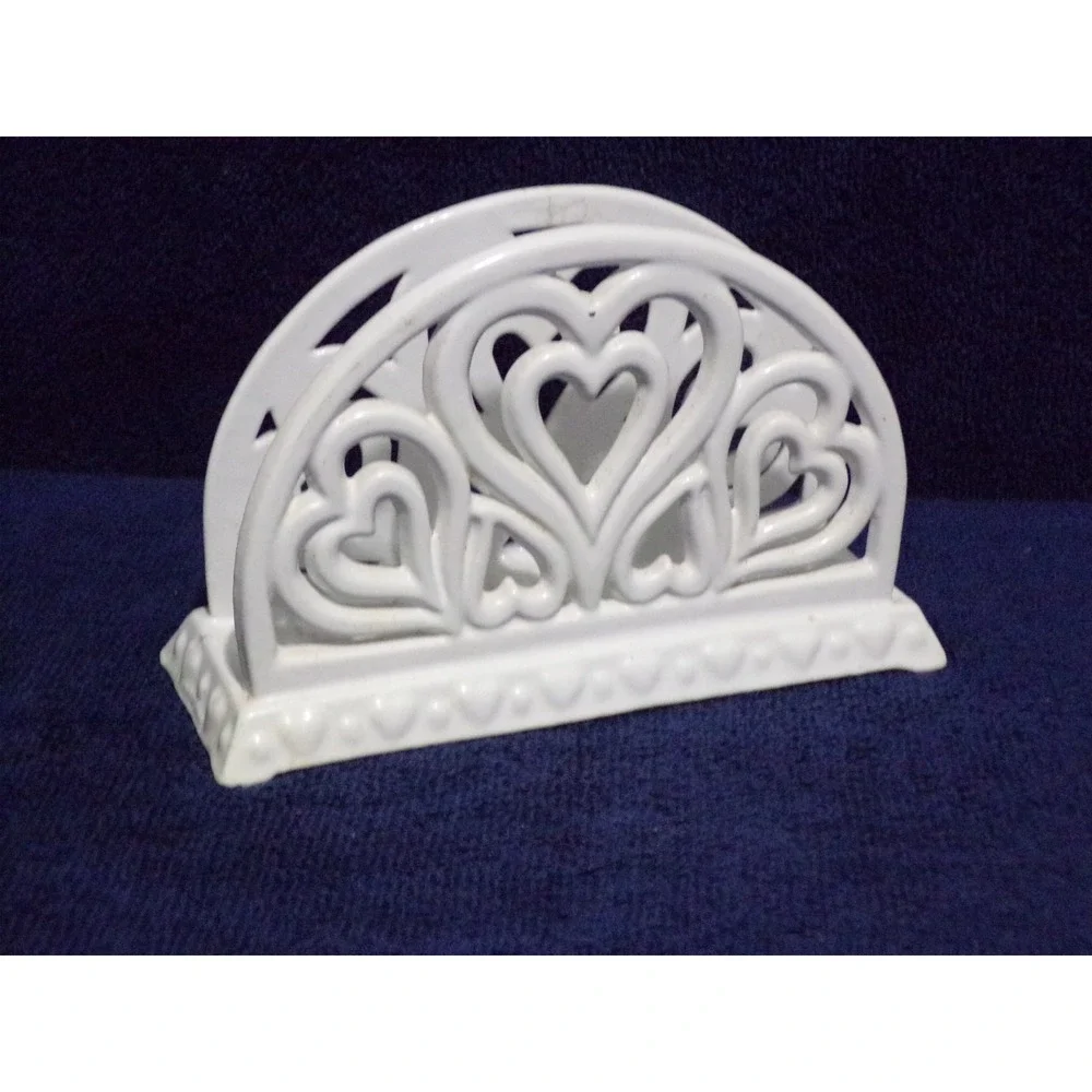 Vintage Wht Metal Napkin Holder Shabby Chic Cast Iron Letter Organizer Hearts